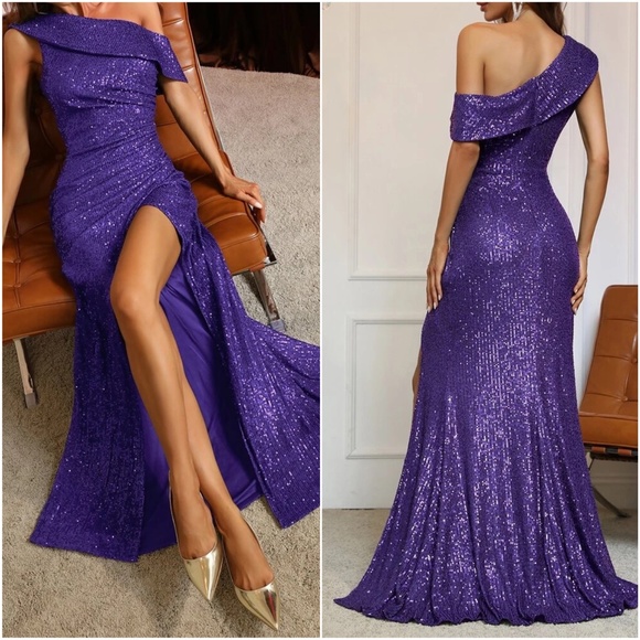 Luxe Sequin Split Thigh One Shoulder Party Wedding Formal Dress - Picture 7 of 9